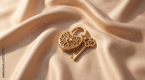 An ornate golden heart padlock and key rest elegantly upon soft beige silk fabric in studio.