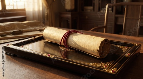 An ancient parchment scroll rests on an ornate wooden tray in a warm, dimly lit study room setting.