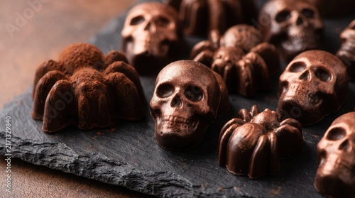 Dark chocolate skulls and spiders are arranged on a textured slate board for a spooky display.