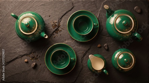 An elegant emerald green tea set with gold trim rests on a dark textured slate stone surface.