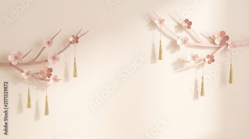 Delicate Paper Cherry Blossom Branches With Gold Tassels Decorate A Soft Pink Wall Background.