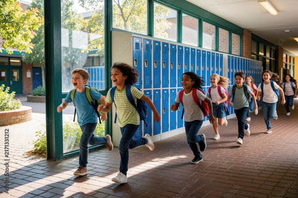 Fototapeta premium Happy kids with backpacks race down school hall. Diverse group of cheerful students run past lockers towards camera, enjoying recess and freedom outside classrooms.