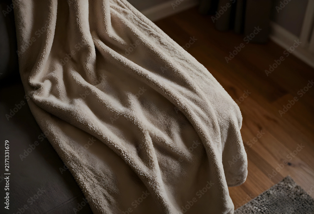 Fototapeta premium Cozy comfort and relaxation at home, soft beige fleece blanket draped over a sofa with warm textures