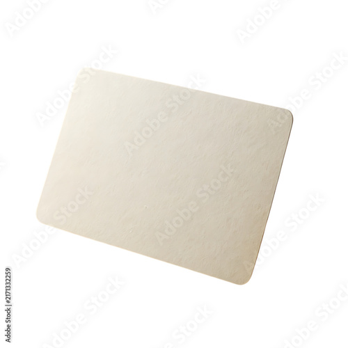 A rectangular piece of textured off-white paper or card stock with rounded corners, viewed from an angled perspective against a solid white background isolated on a transparent background