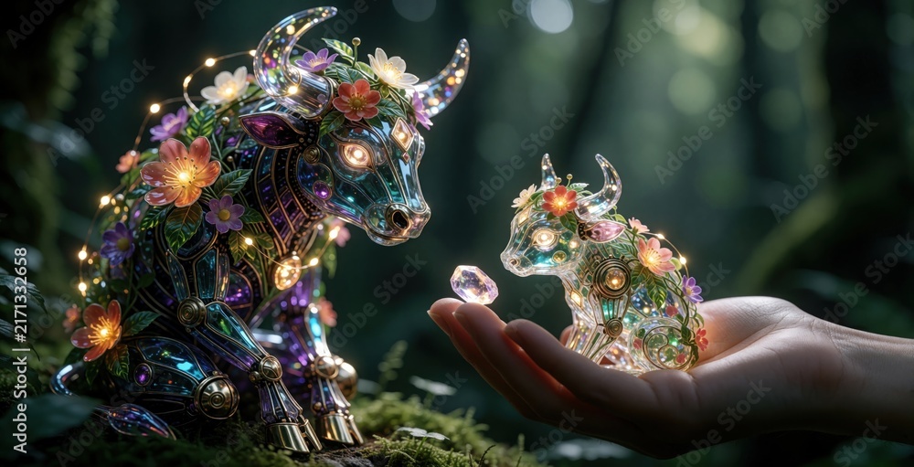 Fototapeta premium Fantasy glass bull creature decorated with colorful flowers, glowing lights. Small crystal animal sits in human hand. Magical mythical beast with horns rests on forest moss. Enchanted glowing toy