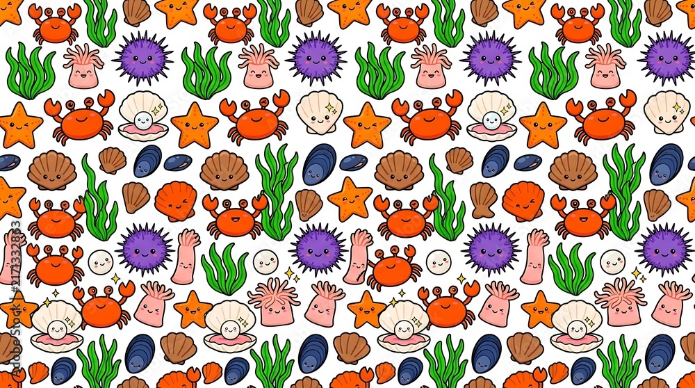 Seamless pattern of cute cartoon sea creatures and aquatic plants on a white background surface with pattern with pattern