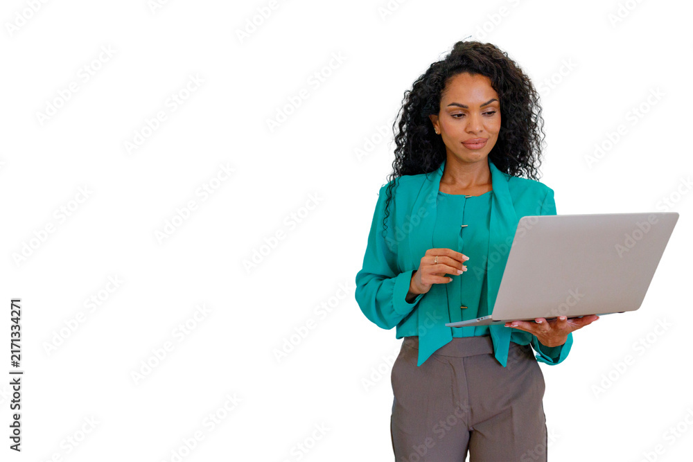 Fototapeta premium Young businesswoman standing holding a laptop, working and managing tasks. Transparent background for easy integration