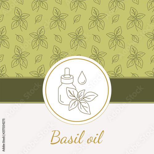 Basil oil essential herbal extract with dropper bottle and leaves pattern