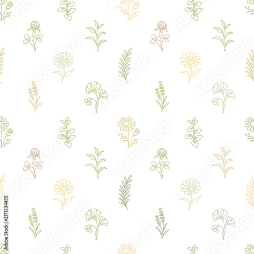 Botanical Line Art Seamless Pattern with Herbal Plants and Flowers