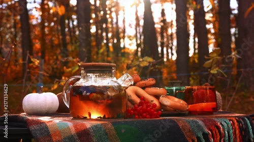 Outdoor autumn picnic featuring transparent teapot filled with herbal tea and fresh orange slices beside matching glass cup on rustic table. Red viburnum berries, traditional bagels and colorful