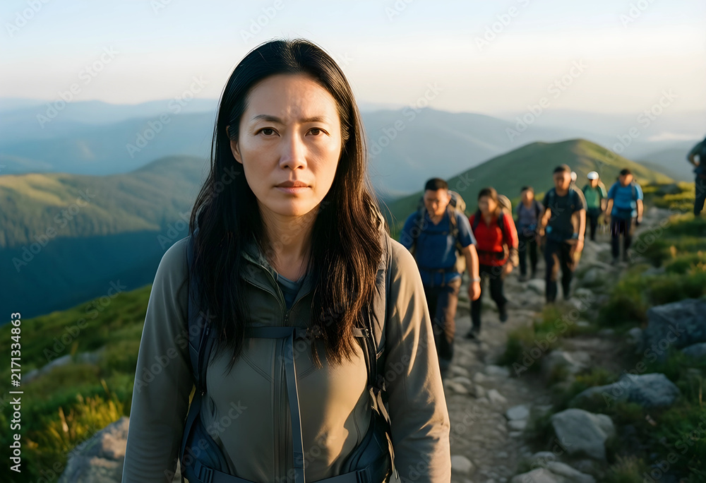Fototapeta premium Outdoor adventure and healthy lifestyle, asian woman hiking with group on mountain trail at sunset