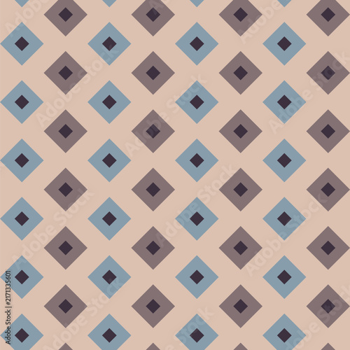 Seamless pattern created from small dark brown diamonds in larger pale blue and taupe diamonds on a beige background