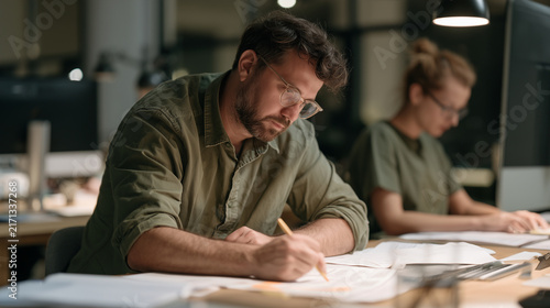Young man highlighting important information in printed documents, office desk, , young man working at night, woman typing documents, monitor, photo style