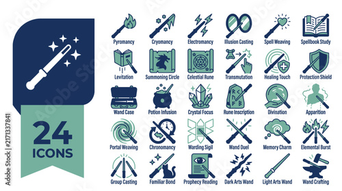 Foto Set of 30 magical wand and wizardry icons featuring various spellcasting abiliti