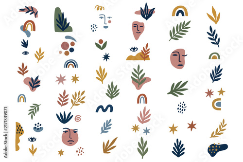 Naive art organic shapes, botanical leaves, rainbows, and minimalist vector illustrations.