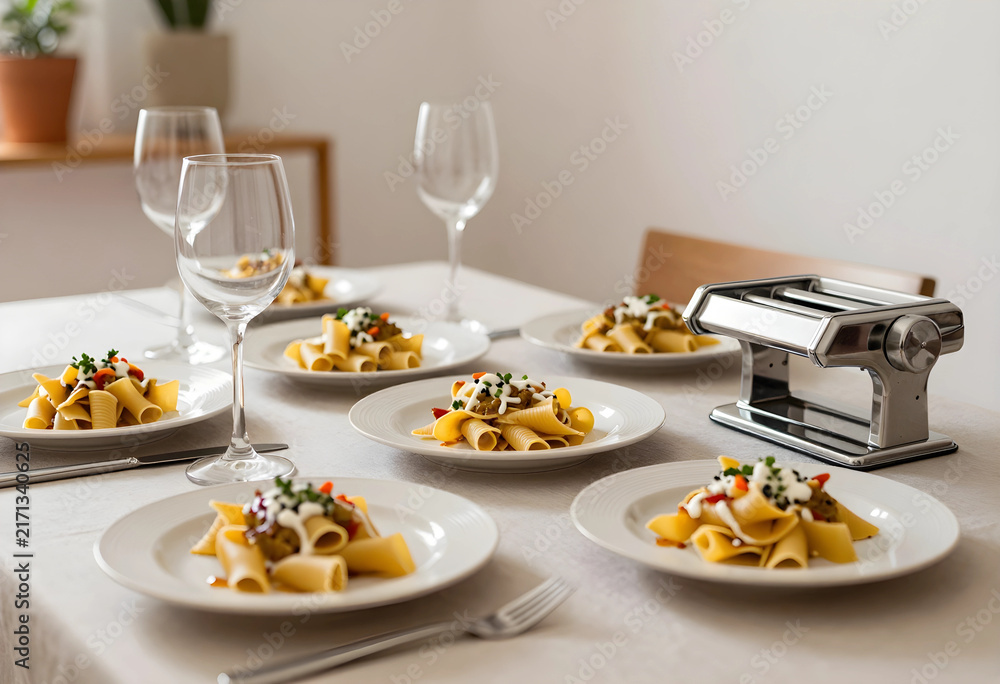 Fototapeta premium Homemade pasta dinner party with fresh ingredients, Italian cuisine and cooking at home, pasta maker on dining table