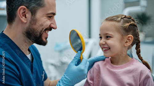 Friendly Male Dentist Showing Little Girl Her Smile in Mirror at Pediatric Dental Clinic