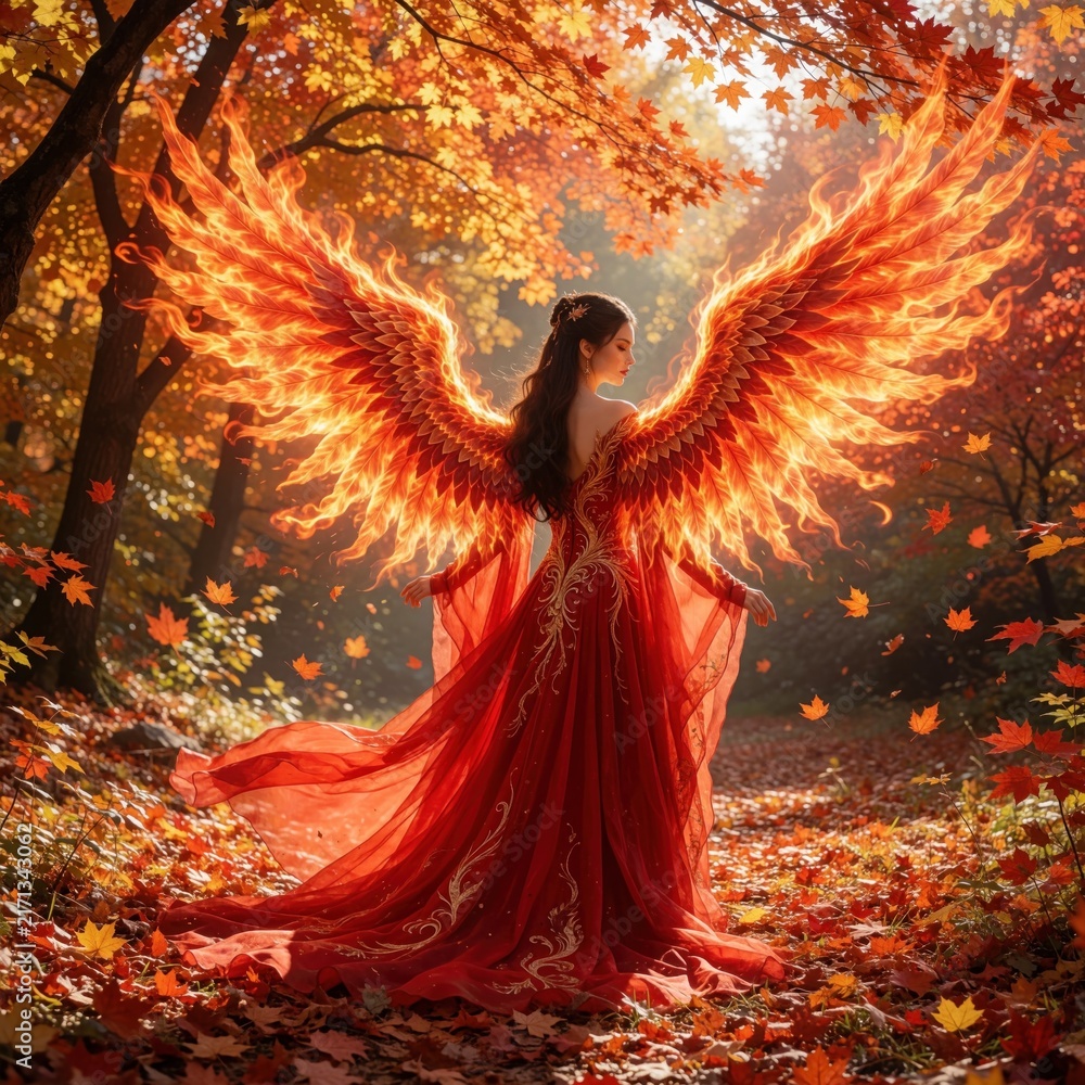 Fototapeta premium Fantasy woman wears red gown with large fiery phoenix wings in autumn forest. Mythical goddess stands among fall leaves, orange trees. Magical creature glows in golden sunlight, looking like spirit