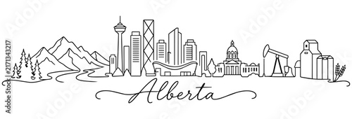 Alberta Canada Continuous One Line Landscape with City Skyline and Famous Landmarks