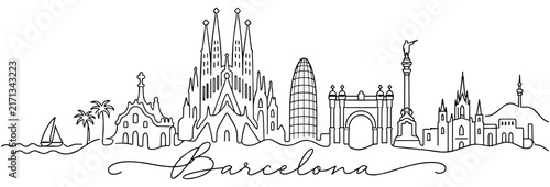 Barcelona Spain Skyline Continuous One Line Drawing with Famous Landmarks