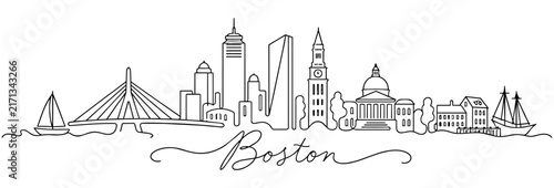 Boston Massachusetts Skyline Continuous One Line Drawing with Famous Landmarks