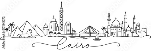 Cairo Egypt Skyline Continuous One Line Drawing with Famous Landmarks