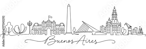 Buenos Aires Argentina Skyline Continuous One Line Drawing with Famous Landmarks