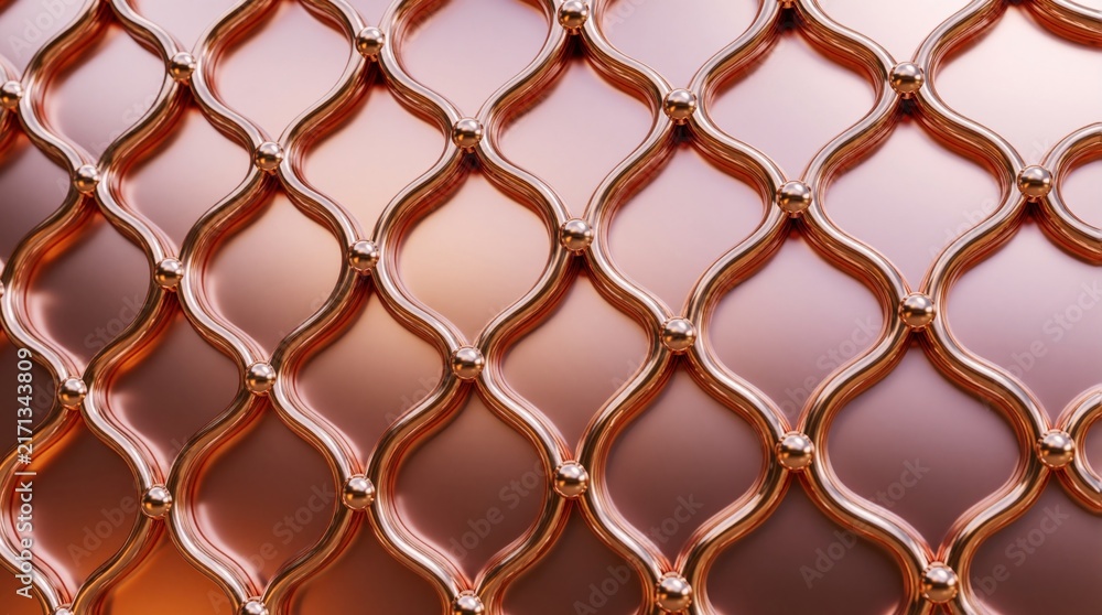 Naklejka premium Intricate copper metal pattern with glossy finish and detailed texture. This luxurious background design features repeating geometric grid with wavy lines and small spheres. Elegant and rich surface.