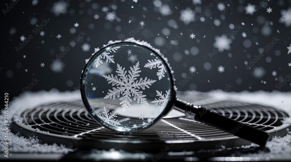 Obraz premium Magnifying glass examines intricate snowflake on metal grate covered in snow. Tiny ice crystals fall around, creating soft bokeh effect. Scientific observation of winter weather detail.