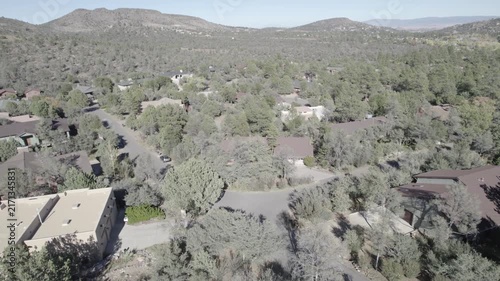 Aerial view of a tranquil hillside suburban neighborhood