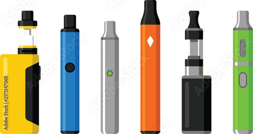 Foto Electronic Cigarette Devices in Row with Different Vape Designs for Smoking, Vap