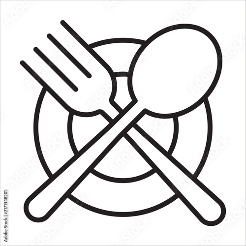 Restaurant table setting outline icon with plate and utensils