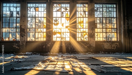 Golden Hour Sunbeams Stream Through Broken Windows of Abandoned Industrial Building