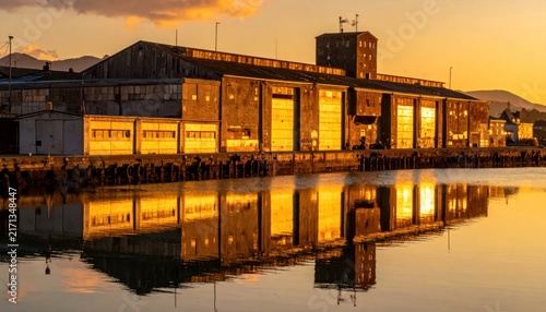 Golden Hour Reflections of Industrial Warehouse by the Water