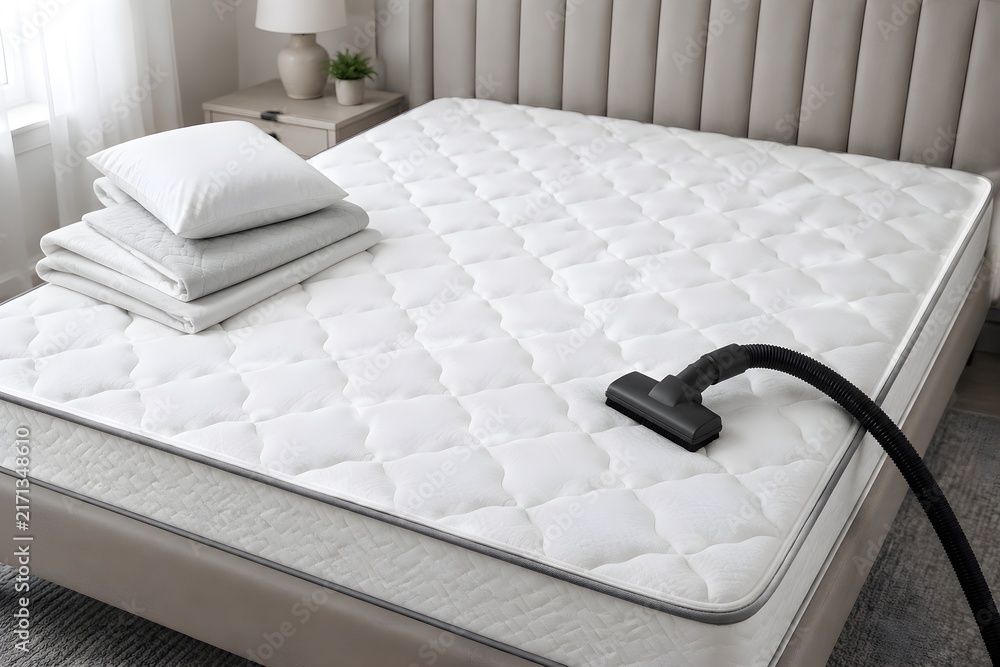 Naklejka premium Bedroom Mattress Deep Cleaning With Vacuum Attachment on Spotless Quilted Surface and Bright Bedding Photography