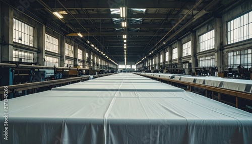 Expansive textile factory interior with rows of white fabric on production lines, industrial windows, and machinery.
