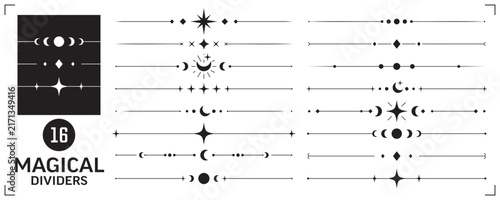 Tarot text separators set with sun, moon, star and celestial elements. Esoteric design of simple vintage borders. Frame dividers for card, menu, pages. Vector illustration isolated on white background