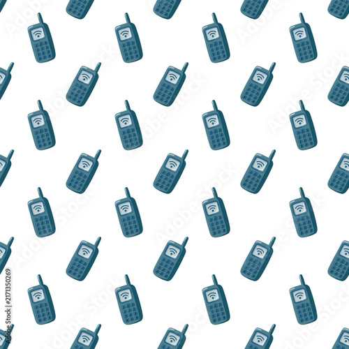 Seamless pattern with blue satellite phones and wireless signal symbols on white background