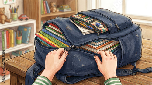 Childs hands zipping up a backpack filled with books and school supplies