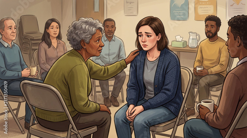 Group therapy session with supportive elder offering comfort to distressed young woman
