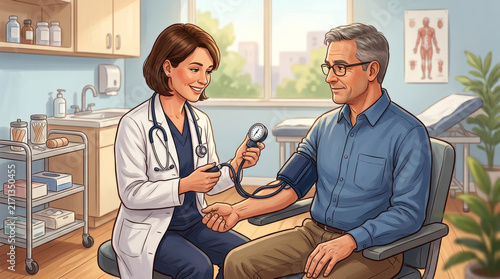 Doctor checks patient blood pressure in medical office examination room
