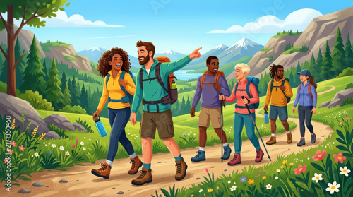 Diverse group of friends hiking on a scenic mountain trail enjoying nature