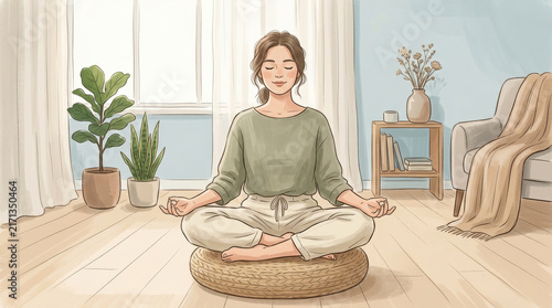 Woman meditating peacefully in a cozy living room with plants and soft light