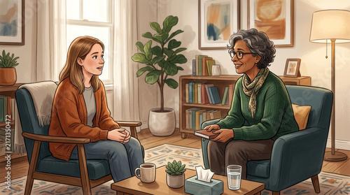 Therapist and patient in a cozy session discussing mental health and well-being