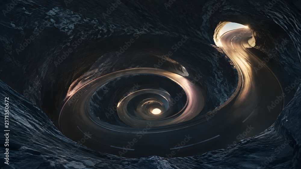 Naklejka premium Empty Spiral Road Returning Through Dark Tunnel Before Emerging Again Symbolizing Repeated Relapse Recovery Cycle