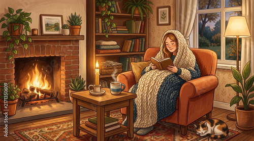 Cozy evening reading by the fireplace with a cat and a warm blanket