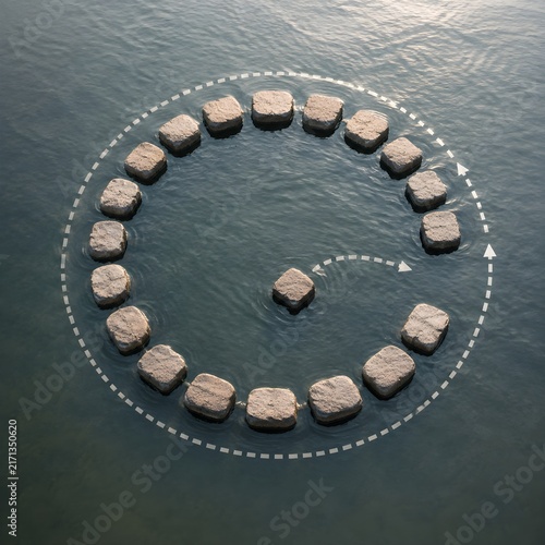 Obraz na płótnie Circular Stepping Stone Path With Missing Stone Forcing Return Route Symbolizing Interrupted Recovery Relapse Concept