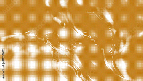 Orange water splash halftone pattern vector displays abstract liquid ripple flow background. Pixelated fluid wave motion texture element is isolated on a white background.