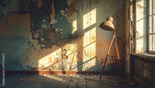 Dilapidated Room with Peeling Walls, Old Lamp, and Sunlight Streaming Through Window