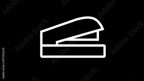 Animated white line art stapler opening and closing on a black background. Minimalist office supply and stationery concept.